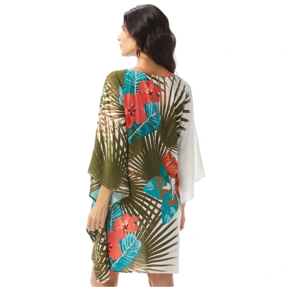 Vince Camuto V-Neck Caftan Cover Up Palm Paradise NWT M/L